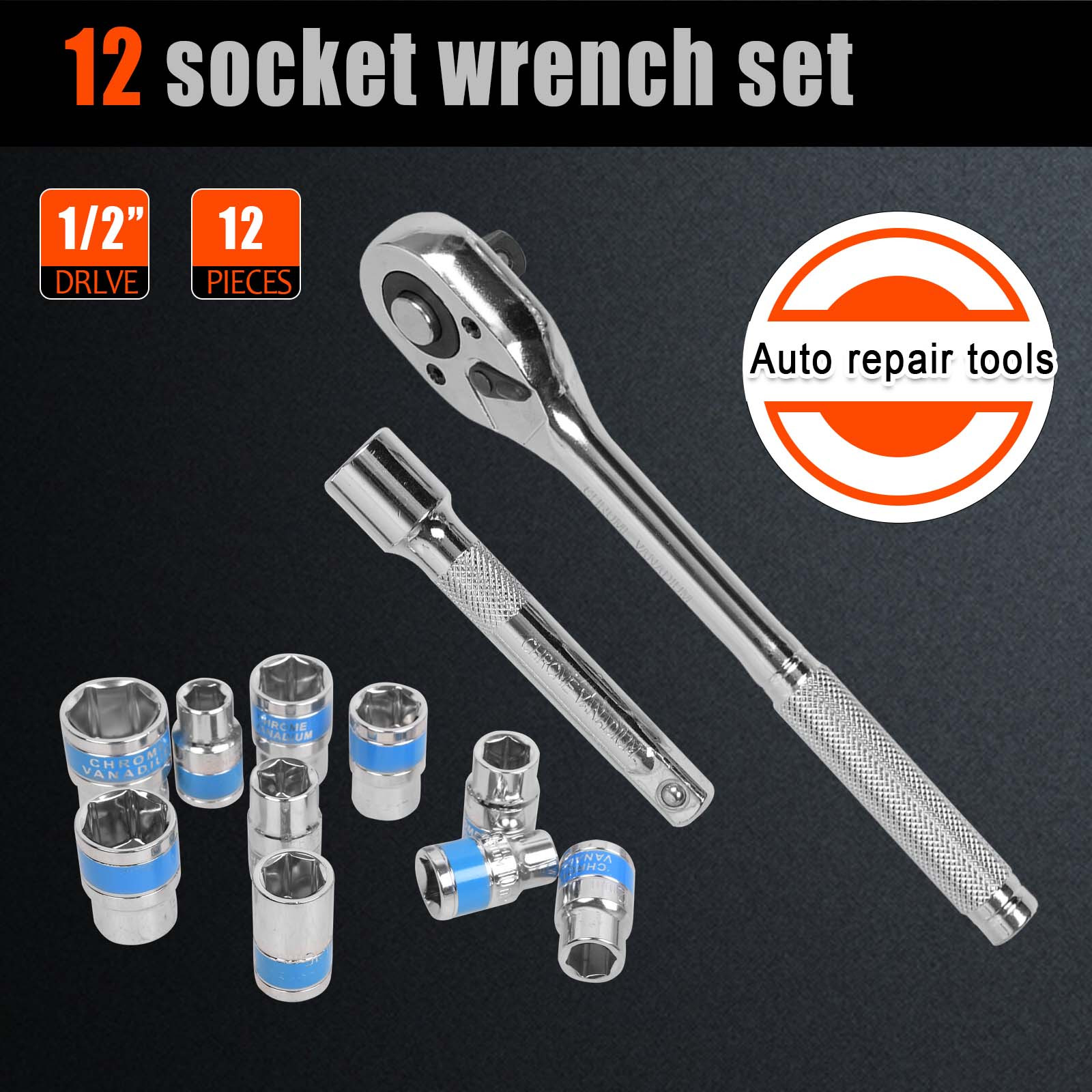 12pcs Socket Wrench Set with 1/2" Ratchet and Extension