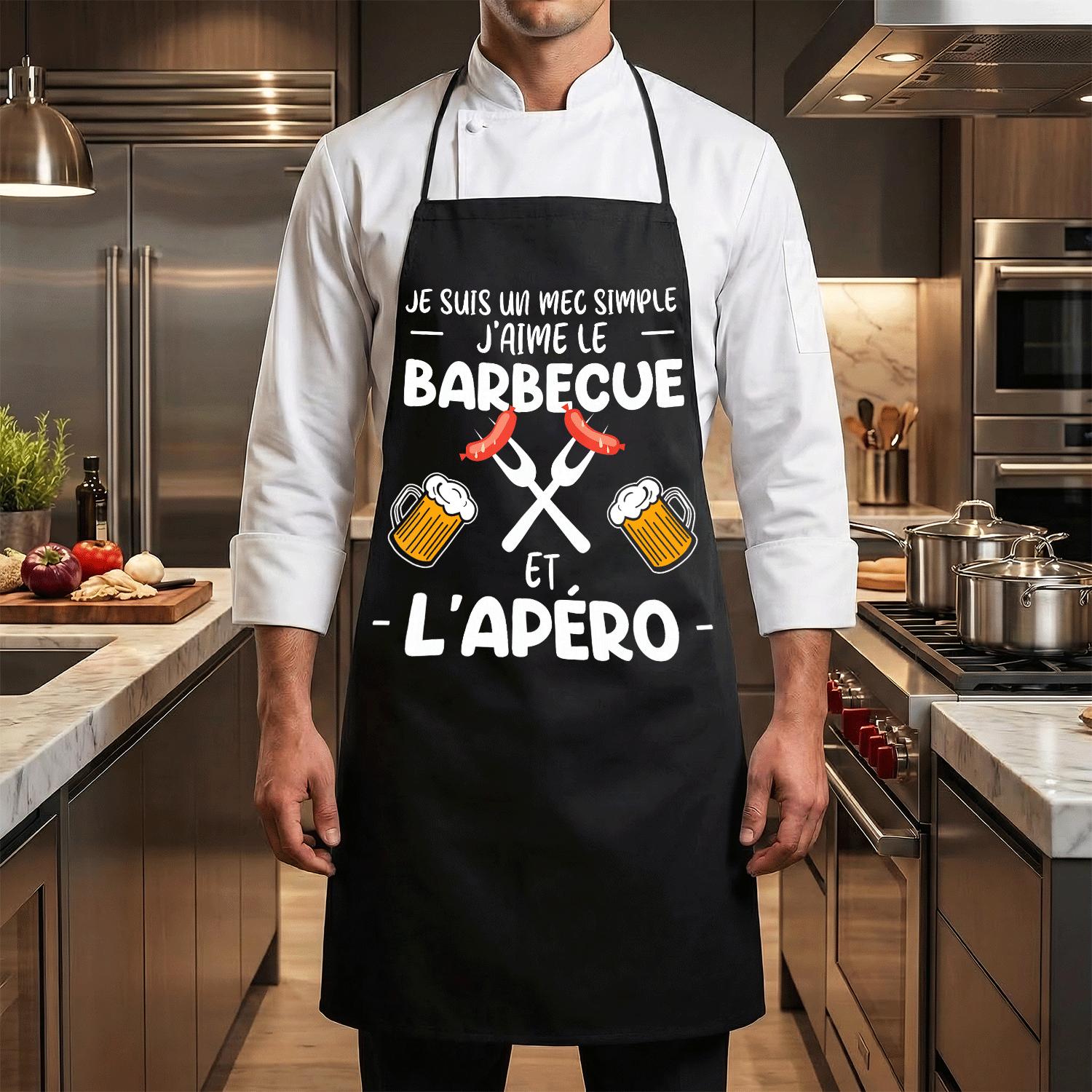 TEMU Tablier imprimé sur le thème du BBQ , 1 pièce, avec une base noire pure, un français ludique et des illustrations de dessin de saucisses et