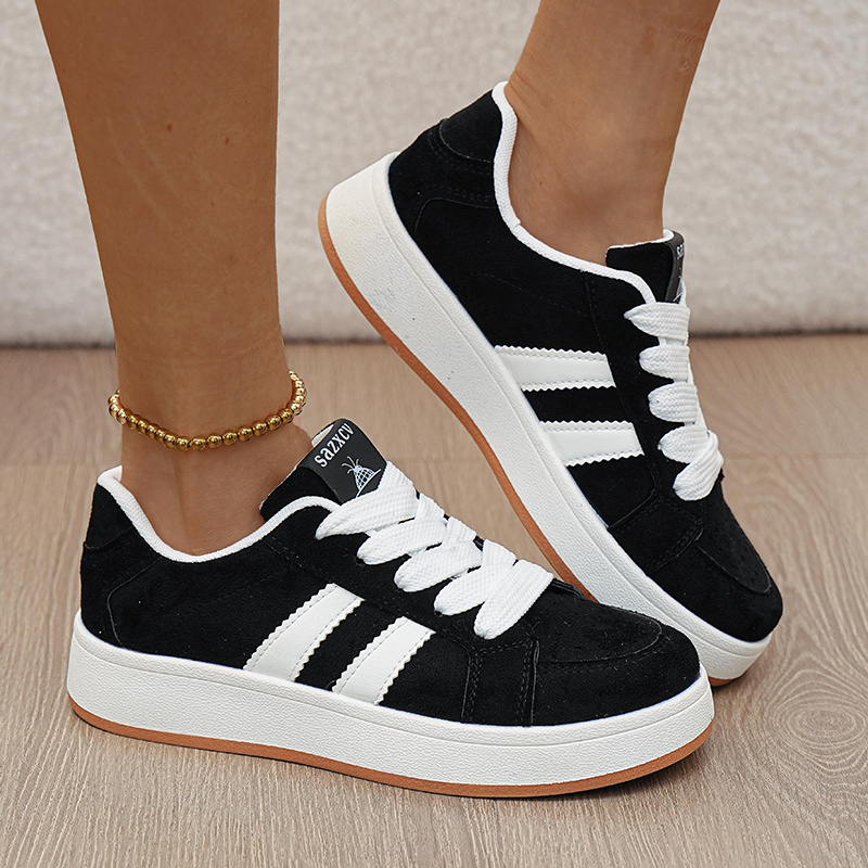 TEMU Women's Casual Shoes, Black And White Colorblock Striped Platform Sneakers, Soft Sole Versatile Sneakers For Students, Women Shoes