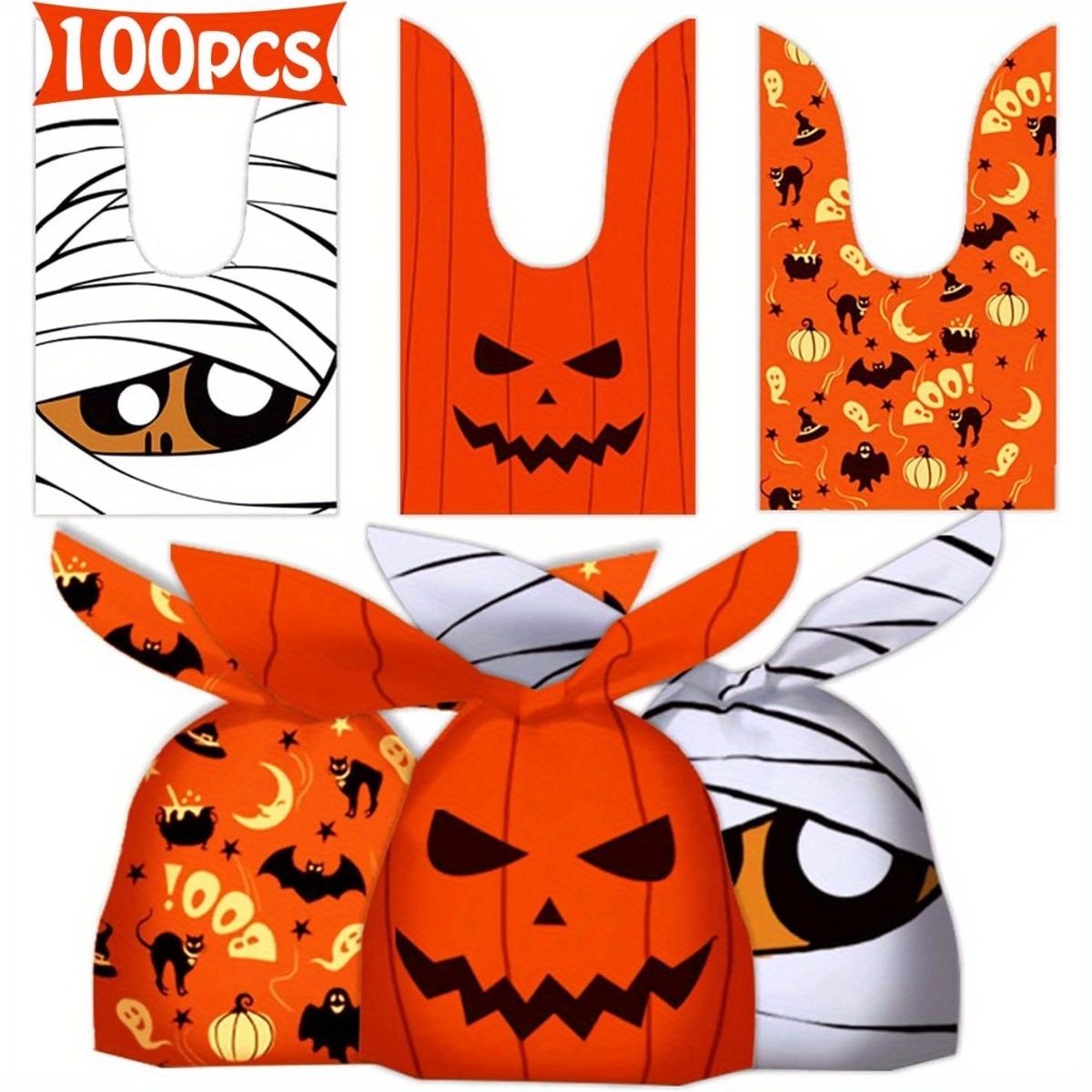 100pcs Halloween Treat Gift Bags, Halloween Bags For Trick Or Treat, Halloween Bags For Halloween Candy (with Packaging) Decorations Party Favours Supplies