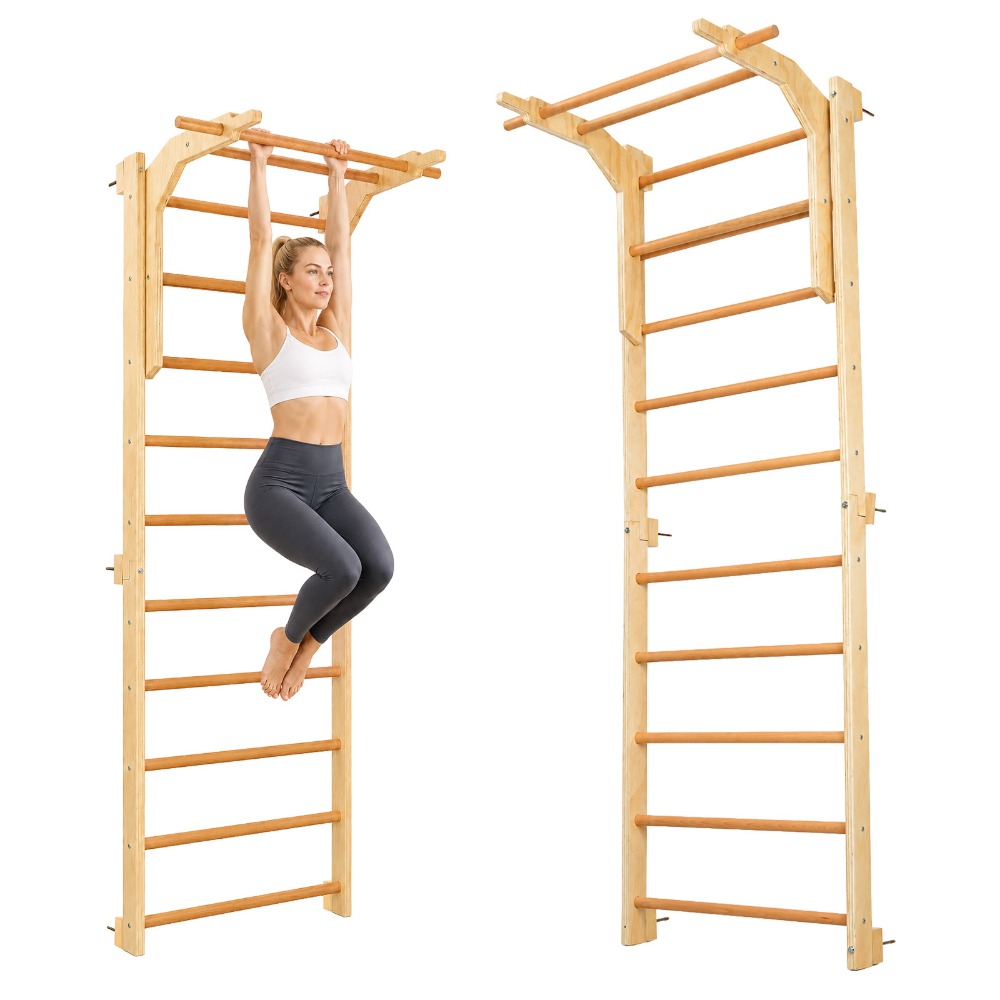 Image of Wooden Swedish Ladder Wall Bar With Adjustable Pull-up Bar Dip Extension, Indoor Climbing Wall For Adults, Home Fitness Equipment For Strength Training, Stretching Mobility
