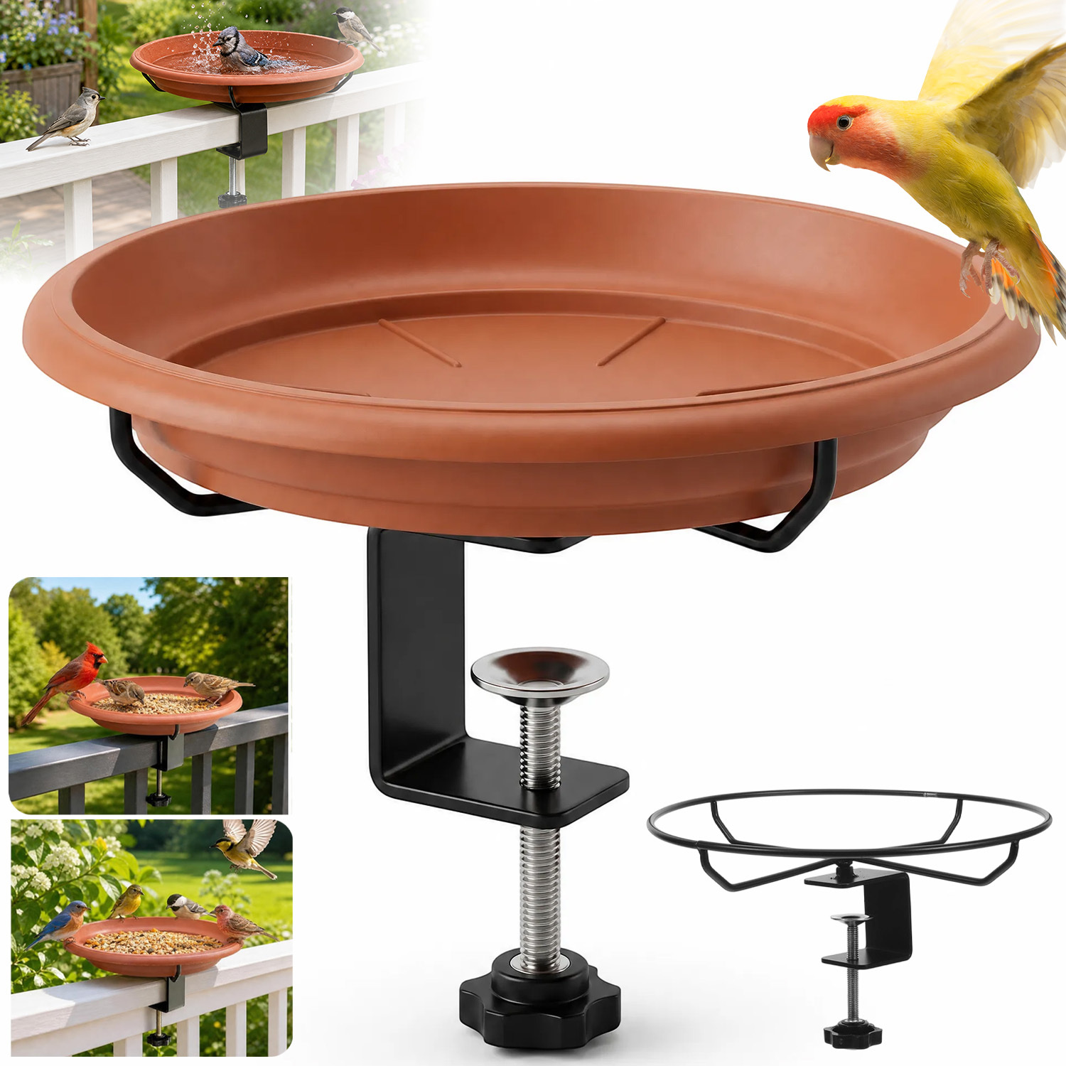 Image of Deck Mount Bird Bath Bowl, Adjustable Steel Clamp And Removable Pp Basin, For Patio Balcony Railing Yard Outdoor Garden Decoration