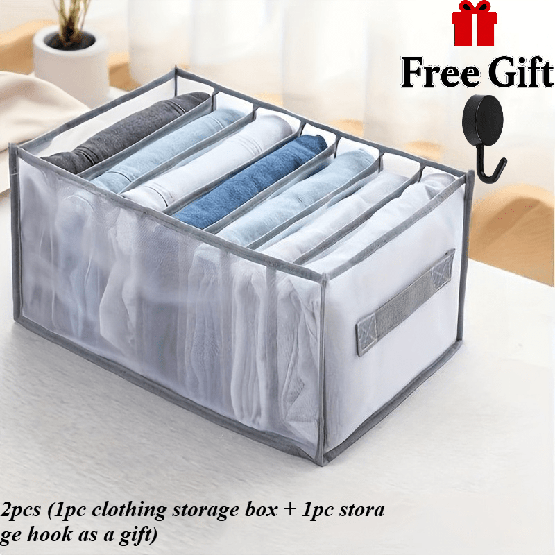 TEMU 2pcs (1pc Clothing Storage Box And 1pc Free Hook) Portable Wardrobe Organizer With Handle, 7-drawer Design For Folding Clothes, Washable Fabric