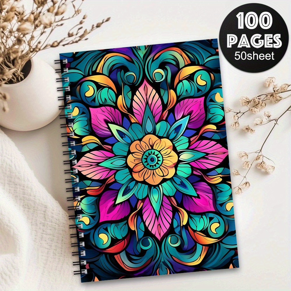 TEMU 1pc Vivid Retro Mandala Floral Wreath Spiral Notebook - Journal And Diary Planner With Beautiful , 100 Pages, Perfect Gift For , Journal Writing