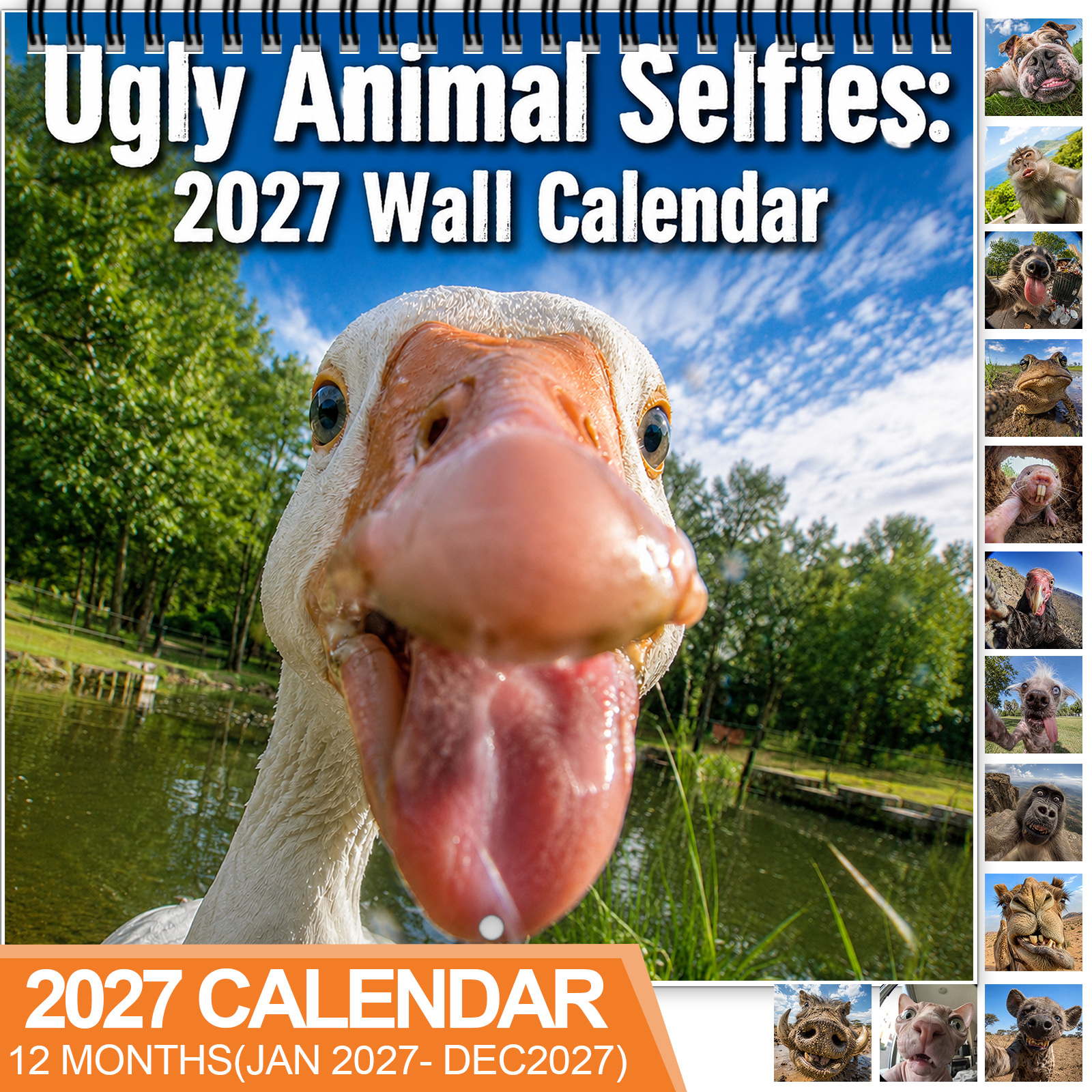 TEMU 1pc 2027 Ugly Cute Animal Selfies Wall Calendar, Spiral-bound 12-month Calendar With Large Date Blocks, Features Hilarious Quirky Pets Taking