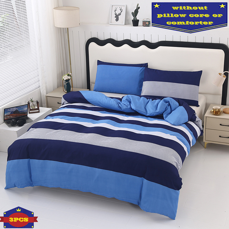 3pcs 100% Polyester Bedding Set With Geometric Pattern, Blue Striped Print - 1 Quilt Cover + 2 Pillowcases (no Inserts)