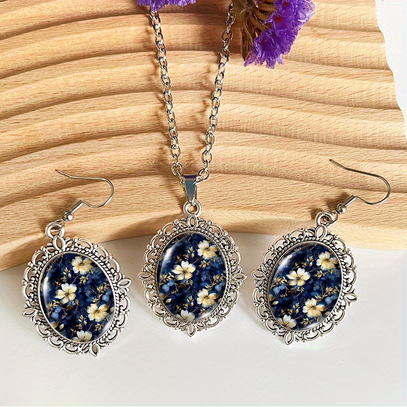 TEMU 3 piezas de aretes y collar de encaje con elegante floral vintage azul y , hechos de joyería de vidrio