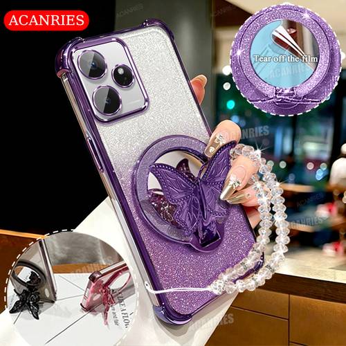 item picture phone case acanries lanyard glitter makeup mirror stand holder bracket for girl woman plating gradient shockproof soft phone case for oppo realme gt8 8 gt7 7 back cover