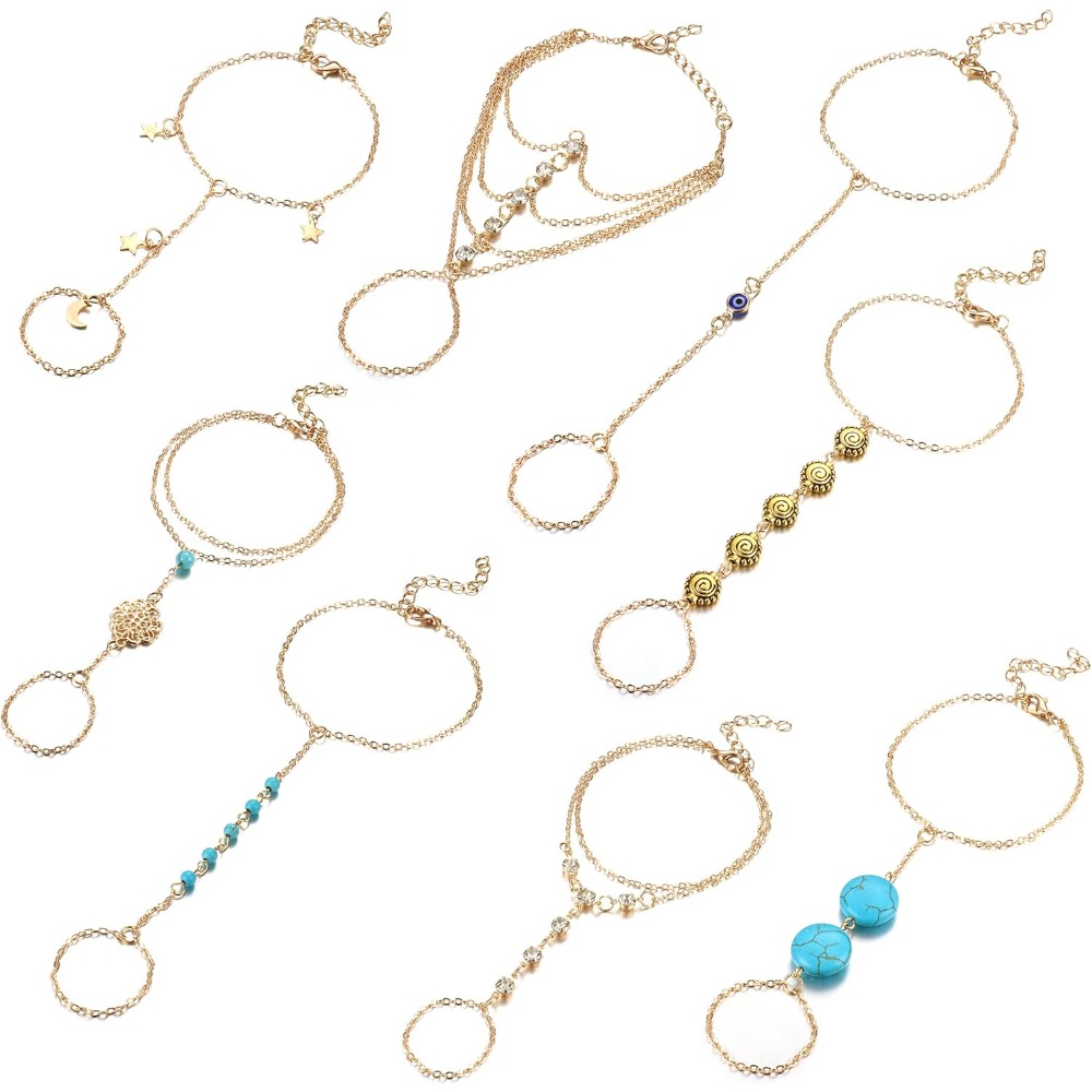 Image of 8pcs Chain Ring Bracelet Linked Finger Bracelet And Ring Hand Harness Leaf Snake Golden Tassel Beaded Adjustable Slave Bracelet Set, For Teenager, For Teenager