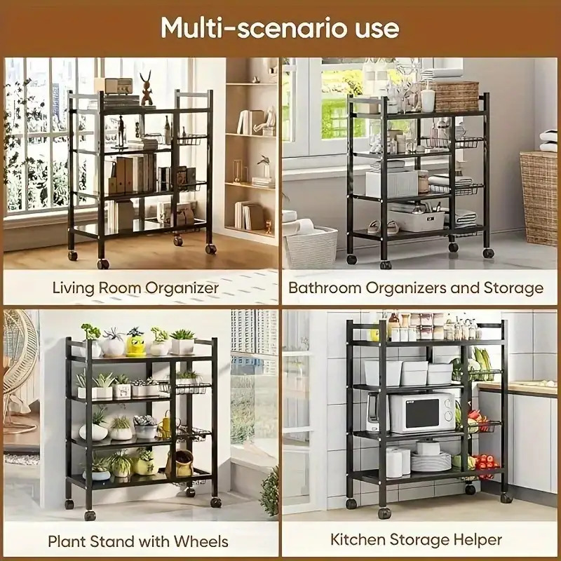 heavy duty four tier adjustable storage rack with 3 metal baskets space saving vertical organizer easy to assemble sturdy frame suitable for kitchen garage bathroom office ideal for small spaces and heavy   kitchen storage 0