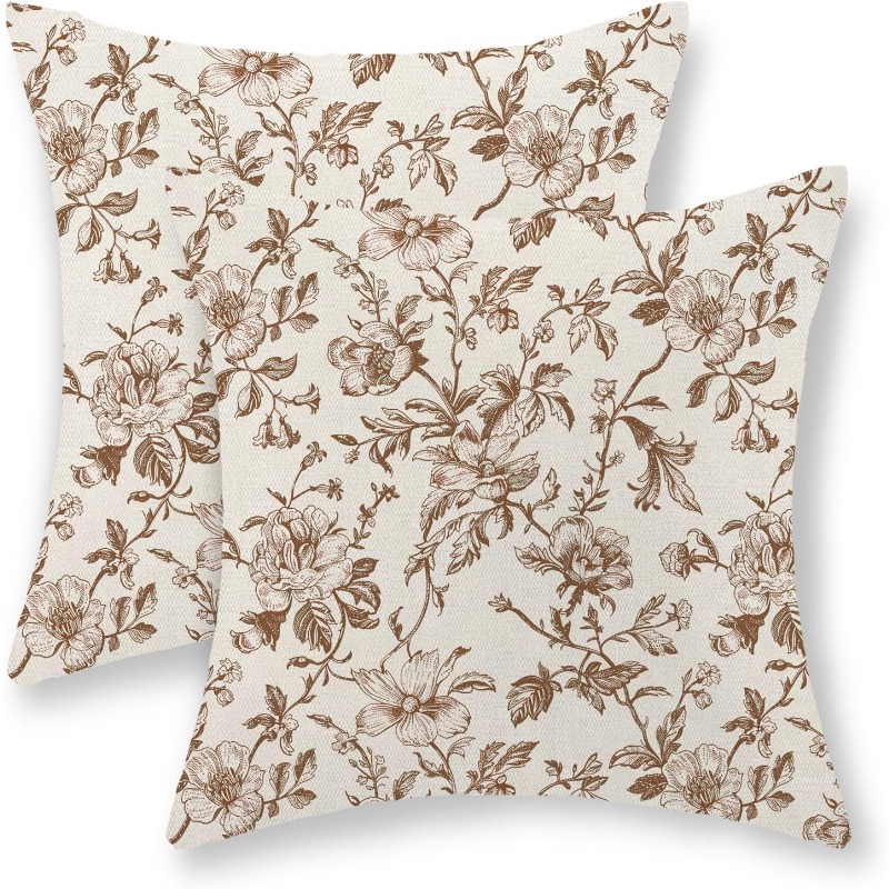 TEMU 2 taies d'oreiller garniture, impression 2D plate à une face, taies d'oreiller à imprimé floral rétro en fil , avec fond blanc crème, ornées de