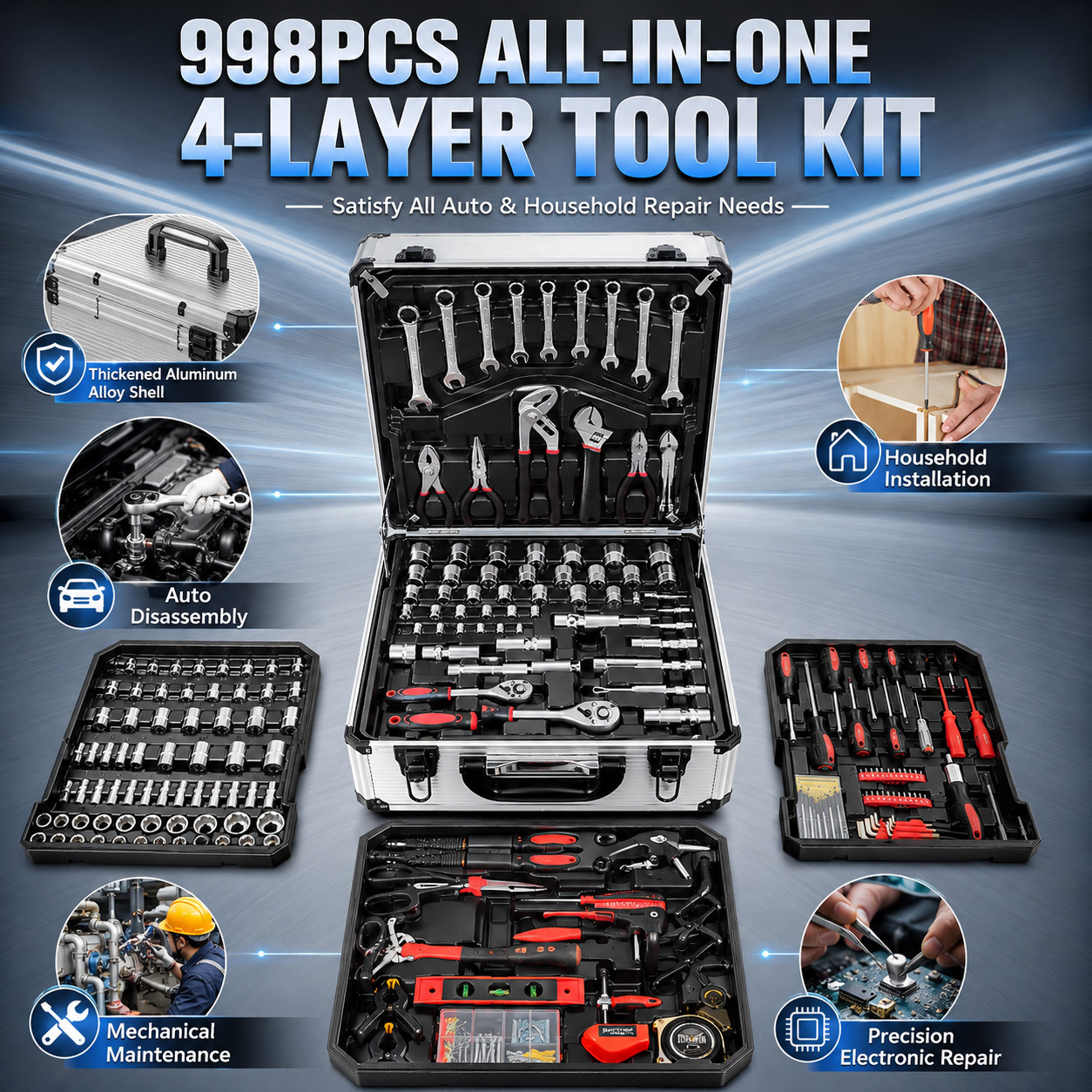 998/42pcs complete auto repair tool set, aluminum trolley tool box on wheels, professional mechanic tool kit,     tools, ratchets, wrenches, sockets & pliers for auto repair, garage, workshop,   maintenance Product details 3