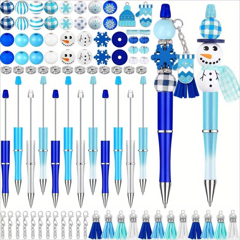 

12set Diy Christmas Bead Pen Kits Winter Snowman Bead Pen With Pendant Diy Handmade Beaded Pen Decors Used For Making Learning Materials