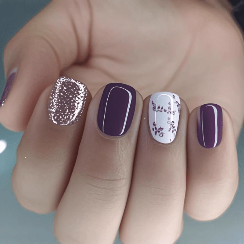 TEMU 48pcs Dark Purple Floral Nail Set | Glossy Solid Purple & White , Reusable Press-ons For Elegant Feminine Aesthetic Manicure, Nail Art Gift