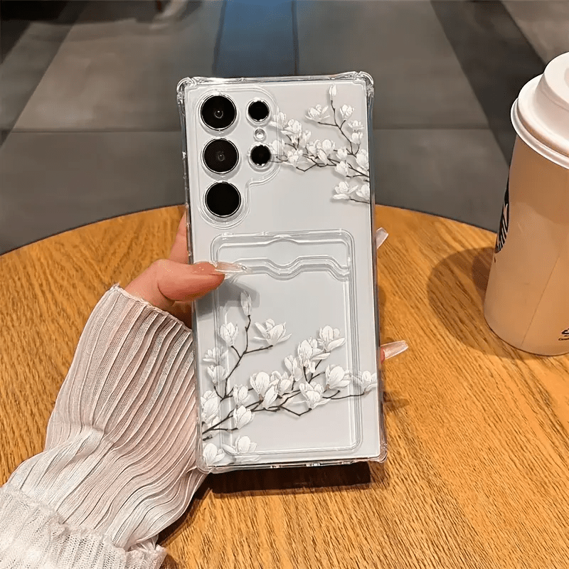 E-shop Handyhülle - Einfache und frische weiße Blumen Foto- und Kartenhalter Handyhülle für Samsung S22 S23 S24 A26 A36 A56 A42 A52 A72 A73 A33 A70 A25