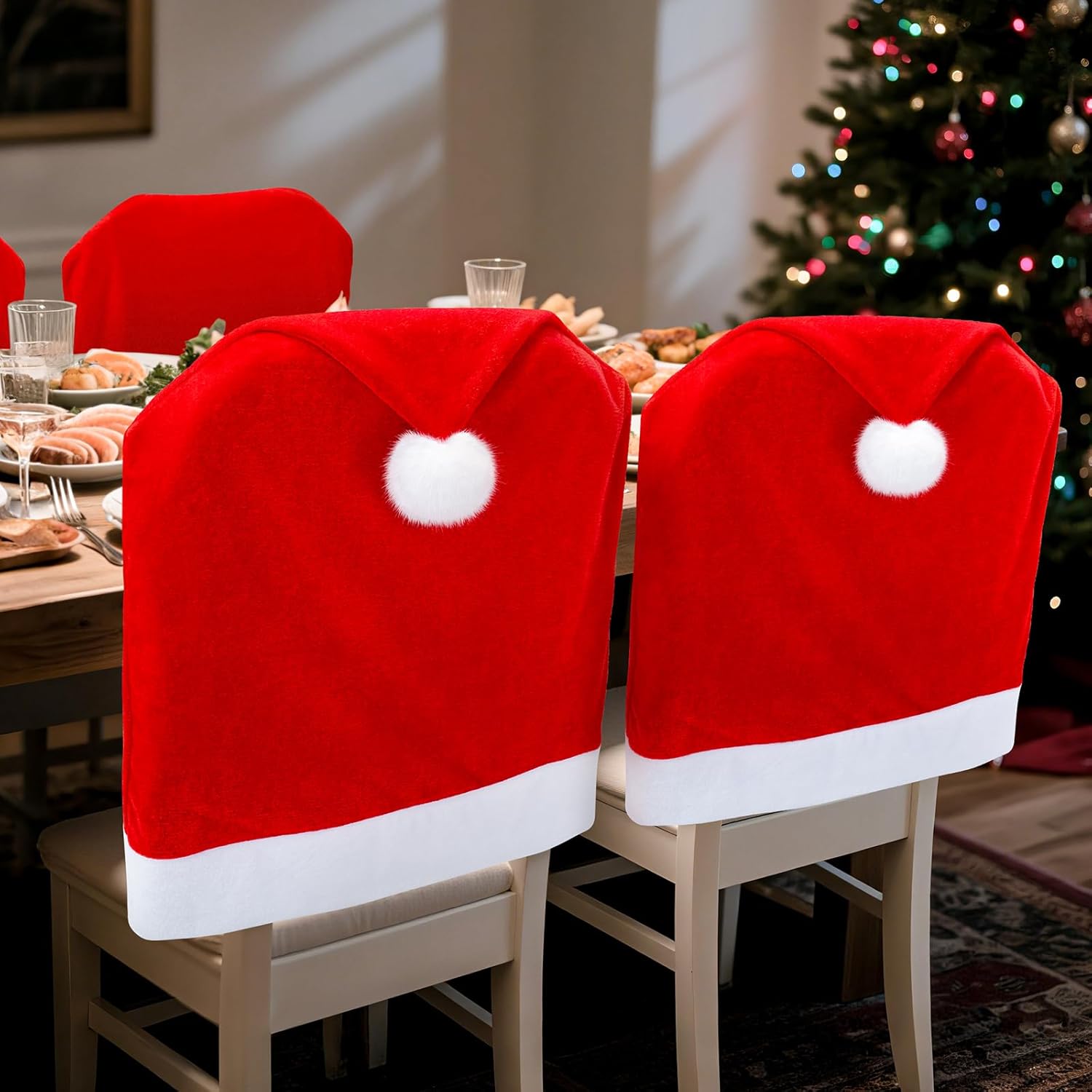 Image of 10pcs Luxury Plush Red & -like Chair Covers Set - Soft Non-slip Dining Table Protectors, Easy- & Holiday Party Chairs (compatible With Most Chairs) - Elegant Christmas Table Setting Decor Sinterklaas