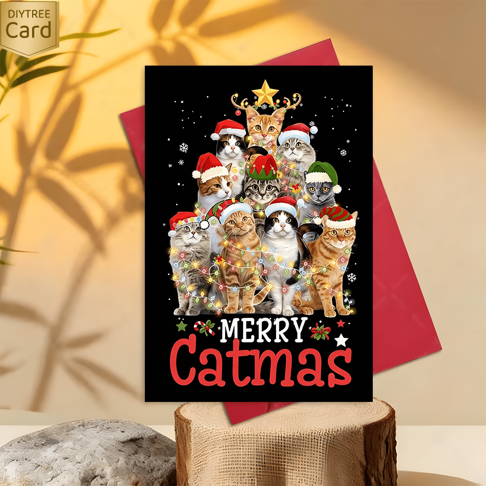 TEMU 1 Greeting Card + 1 Envelope. 2d Flat. A Fun 2d Christmas Card Featuring A "merry Christmas" Cat Pyramid Design. A Cute Kitten Holiday Greeting