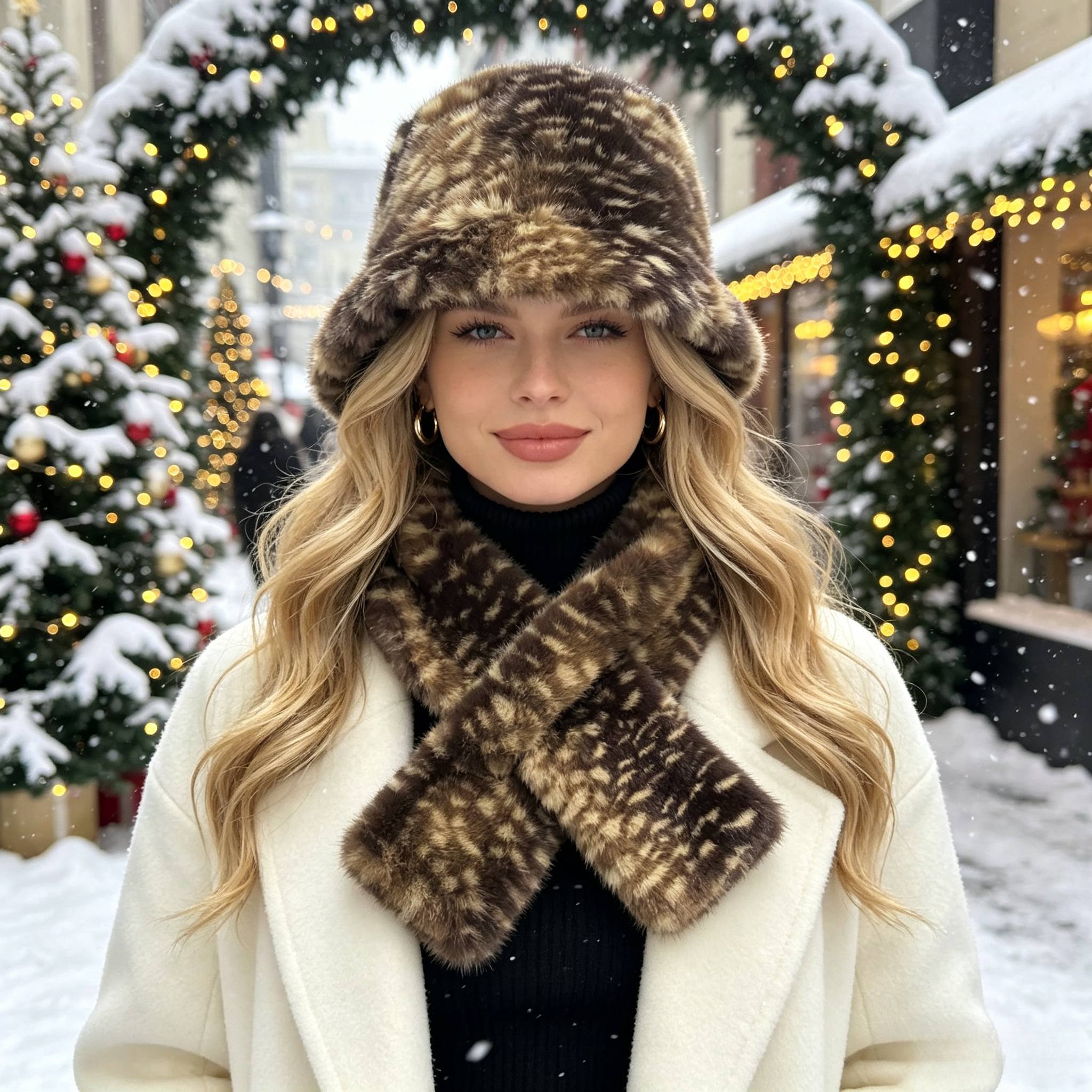 TEMU Women's Spotted Bucket Hat And Scarf Set, Soft Thick Plush 2pcs Winter Warm Outfit, Windproof Fuzzy Headwear And Neck Warmer For Outdoor Daily