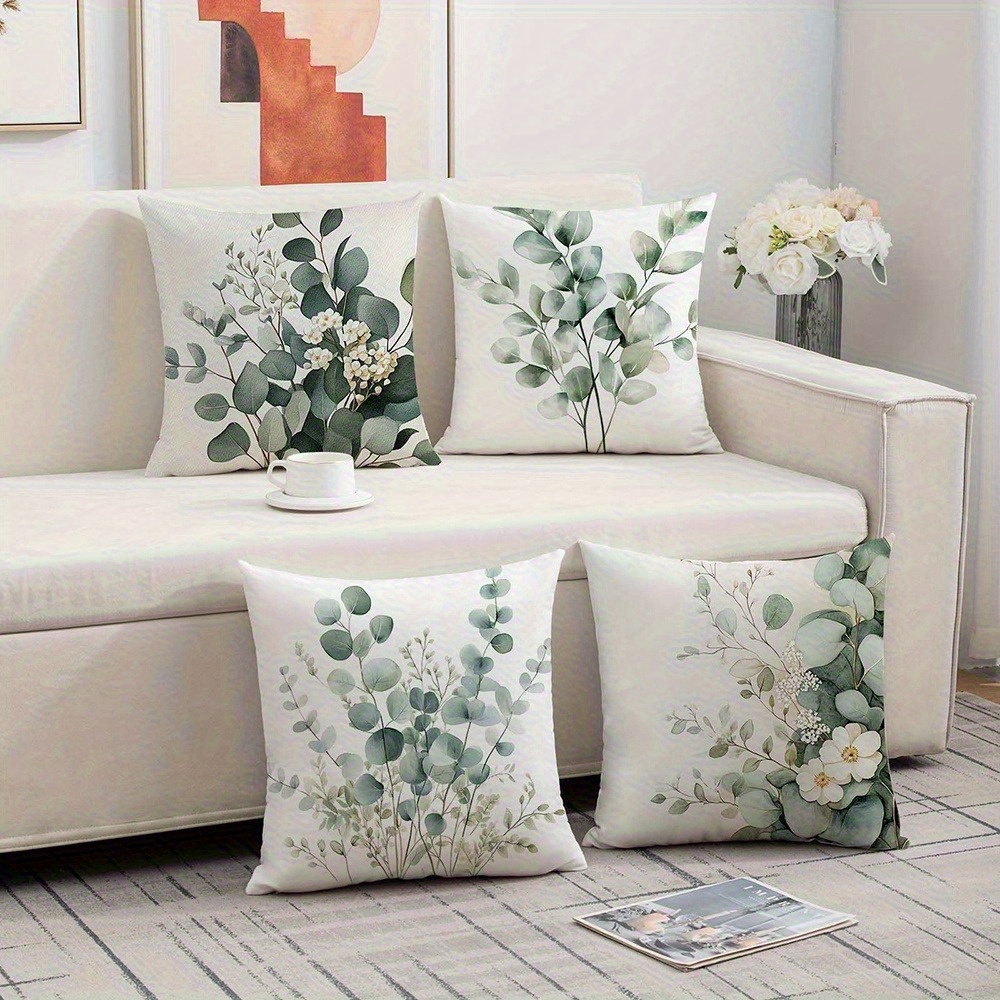 4pcs Home Decor Pillow Cover Set: Eucalyptus Leaf And Fresh Atmosphere Single-sided Print Sofa Cushion Covers, Square Polyester Pillowcases, Decoration Pillow Covers