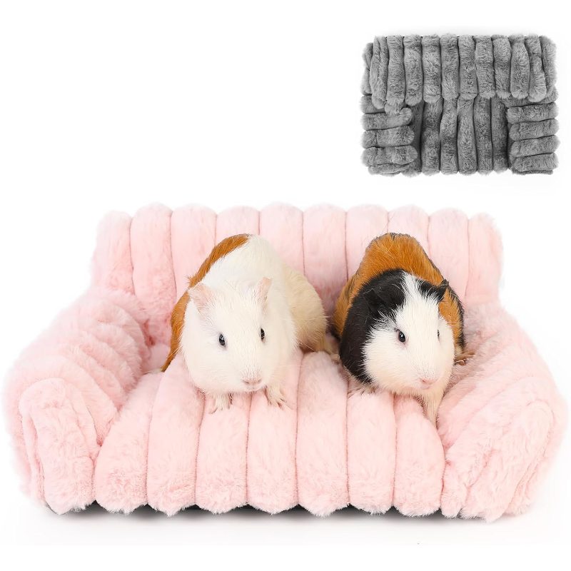 Guinea Pig Couch - Fluffy Small Pet Sofa with with Two Removable Washable Covers, Guinea Pig Bed with Stuffed Arms and Back, Cozy Corduroy Fleece, Pink and Dark Gray Respectively
