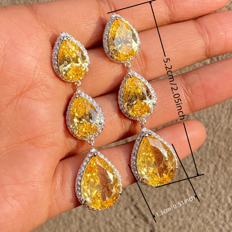 Luxury 3-Tier Teardrop Cut Yellow Zirconia Drop Earrings