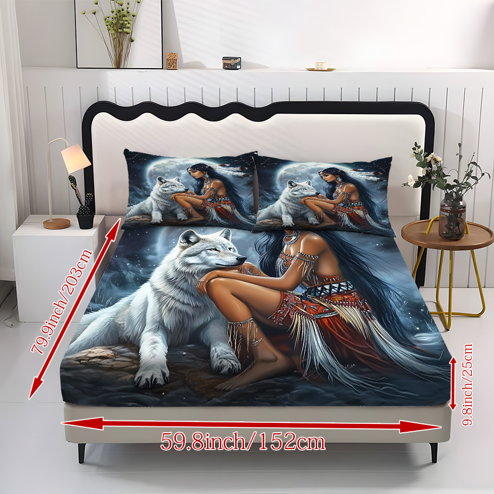 TEMU 3pcs Wolf Pack Themed Fitted Sheet Set, Soft, Comfortable, Breathable Fitted Sheet And Pillowcase (pillow Inner Not Included) 100% Polyester