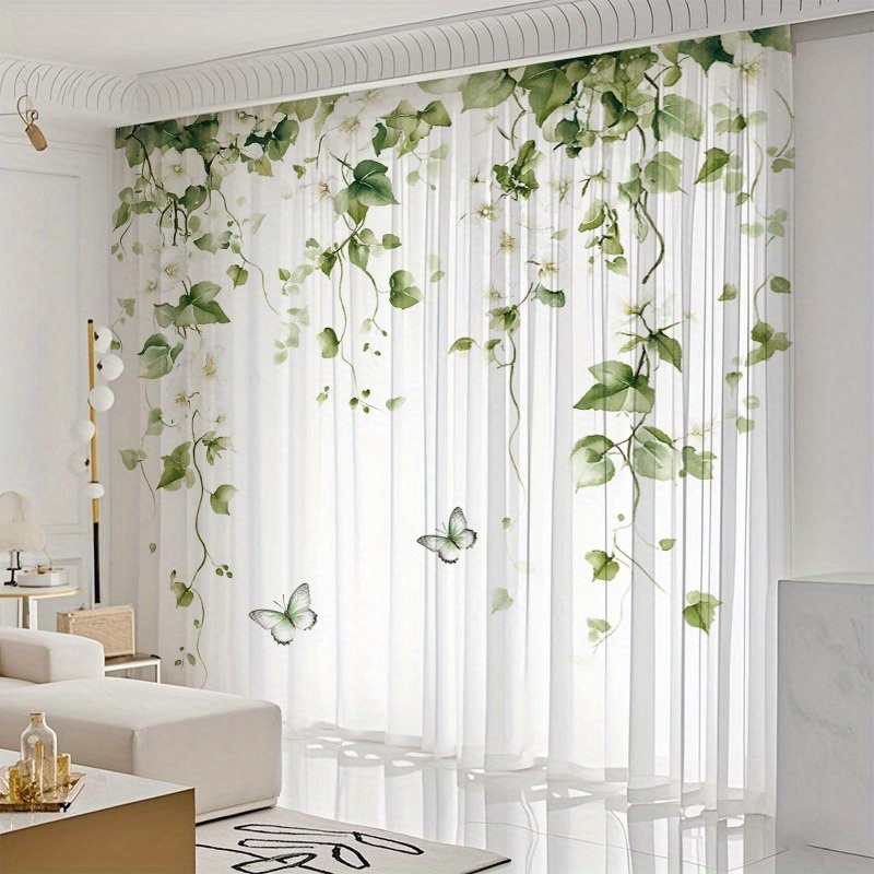 Image of 2pcs Elegant Floral & Print Curtains Cute Sheers Leaf Curtain Tulle Vine Window Curtains Sheersivy Pretty Curtain For Living Room Bedroomwindow Door Balcony