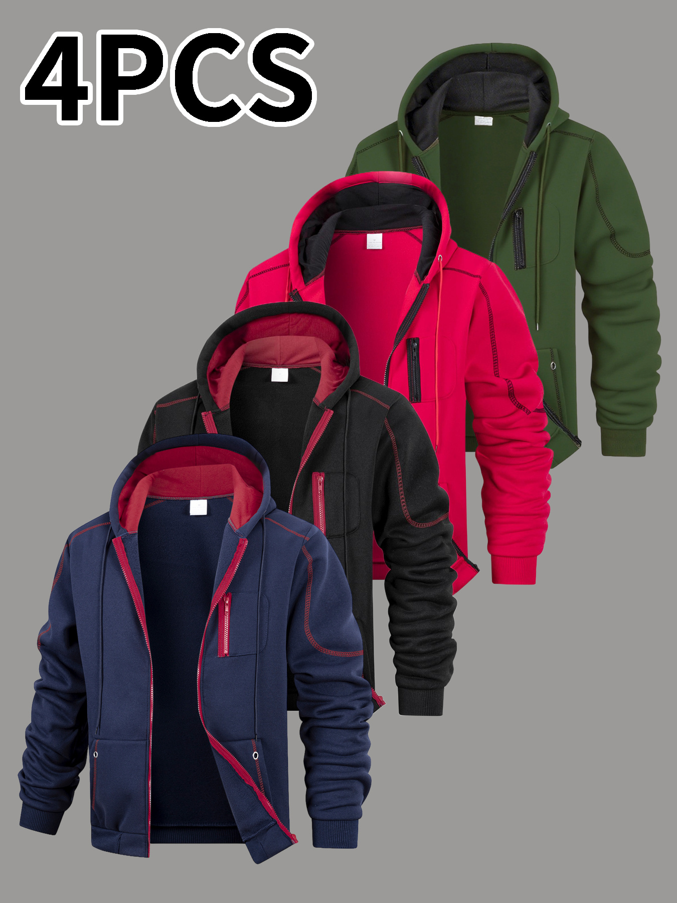 4pcs Men's Thermal Full-Zip Hooded Jacket - Heavy-Duty Winter Coat with Full-Zip Front Closure, Full-Zip Hooded Design, Full-Zip Sleeves, Full-Zip Pockets - Multi-Color Options (Black, Red, Grey, Navy) - Machine Washable Cold-Weather Outerwear for Hiking, Gym, Casual Attire - Ideal for Outdoor Activities & Layering - Fleece Lining, Retro Style, Zippered Pockets, Regular Fit, Long Sleeve, Solid Colors, Suitable for Casual & Outdoor Use, Winter Jackets for Men,