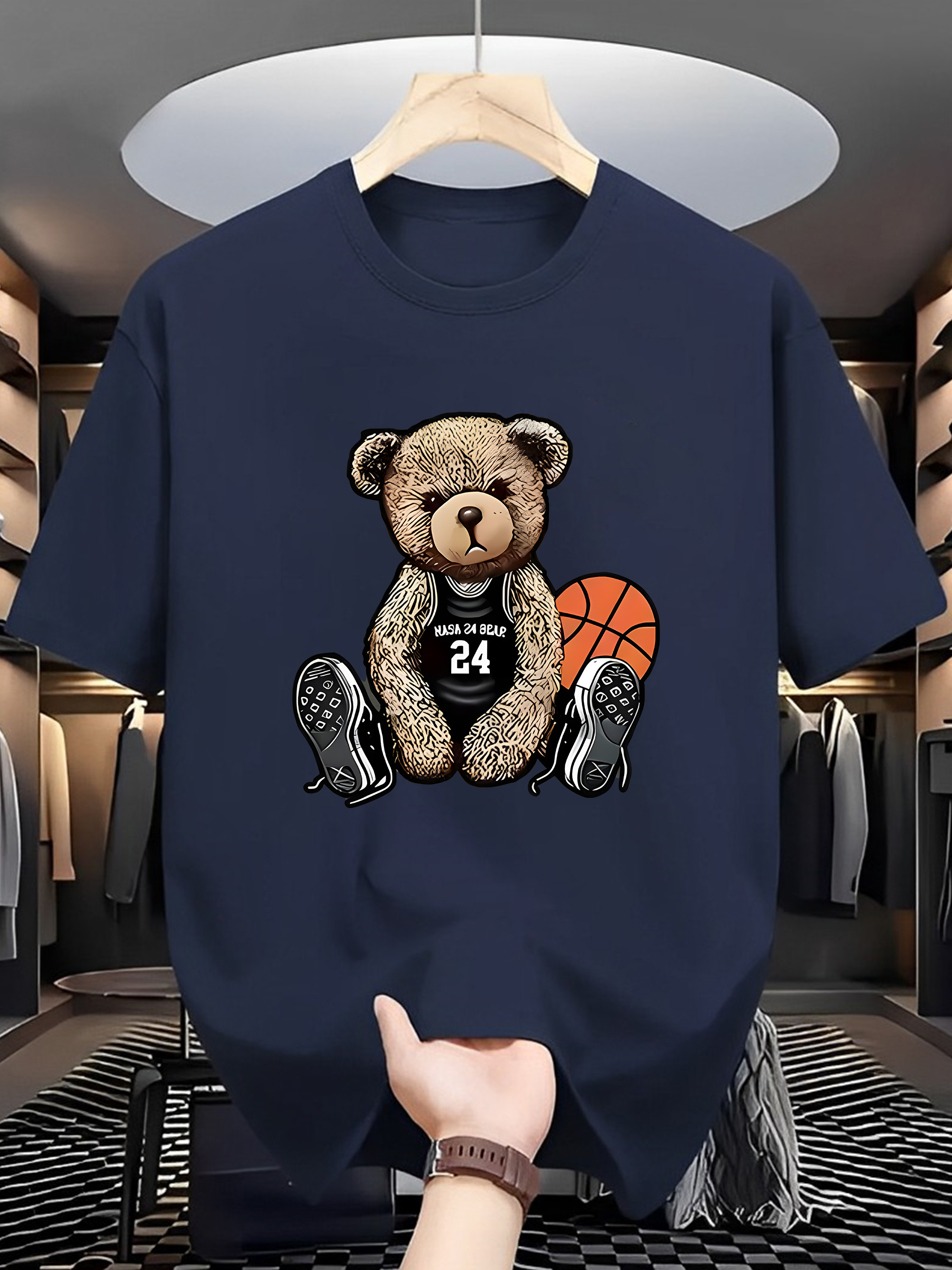 men's casual cartoon bear print t shirt round neck polyester