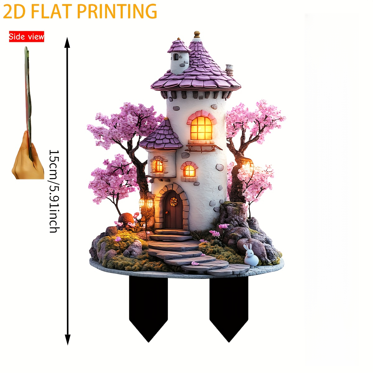E-shop 2D Flat2D Flat2D Plane, . 2D Plane Turm Garten Deko - Weißer und Lila Dach Design mit Warmgelbem Licht, Outdoor/Indoor Rasen Ornament, Geeignet