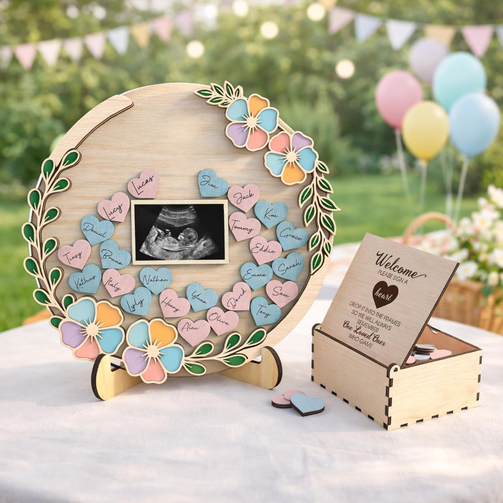 TEMU Cadre de 'Or de Baby Shower Personnalisé, Boîte de pour du du Bébé, Baby en Fleurs, Panneau Photo d'Ultrasong, Jeu de Devine le Sexe, Décoration