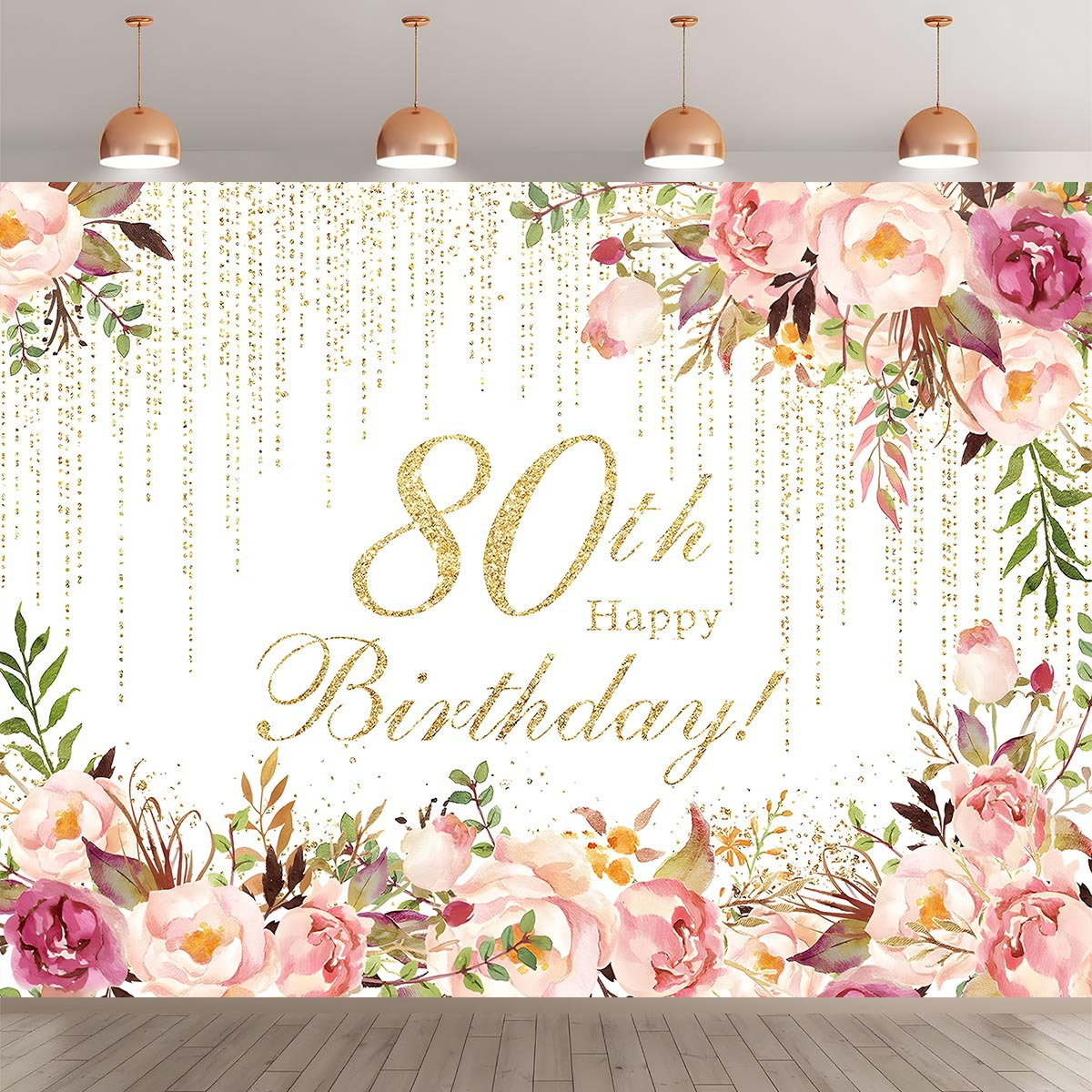 

1pc Elegant 80th Birthday Floral Backdrop Banner - Golden & Design With Decorations, Reusable Polyester Photo Wall For Indoor/outdoor Celebrations, Anniversaries & More, Anniversary Decorations