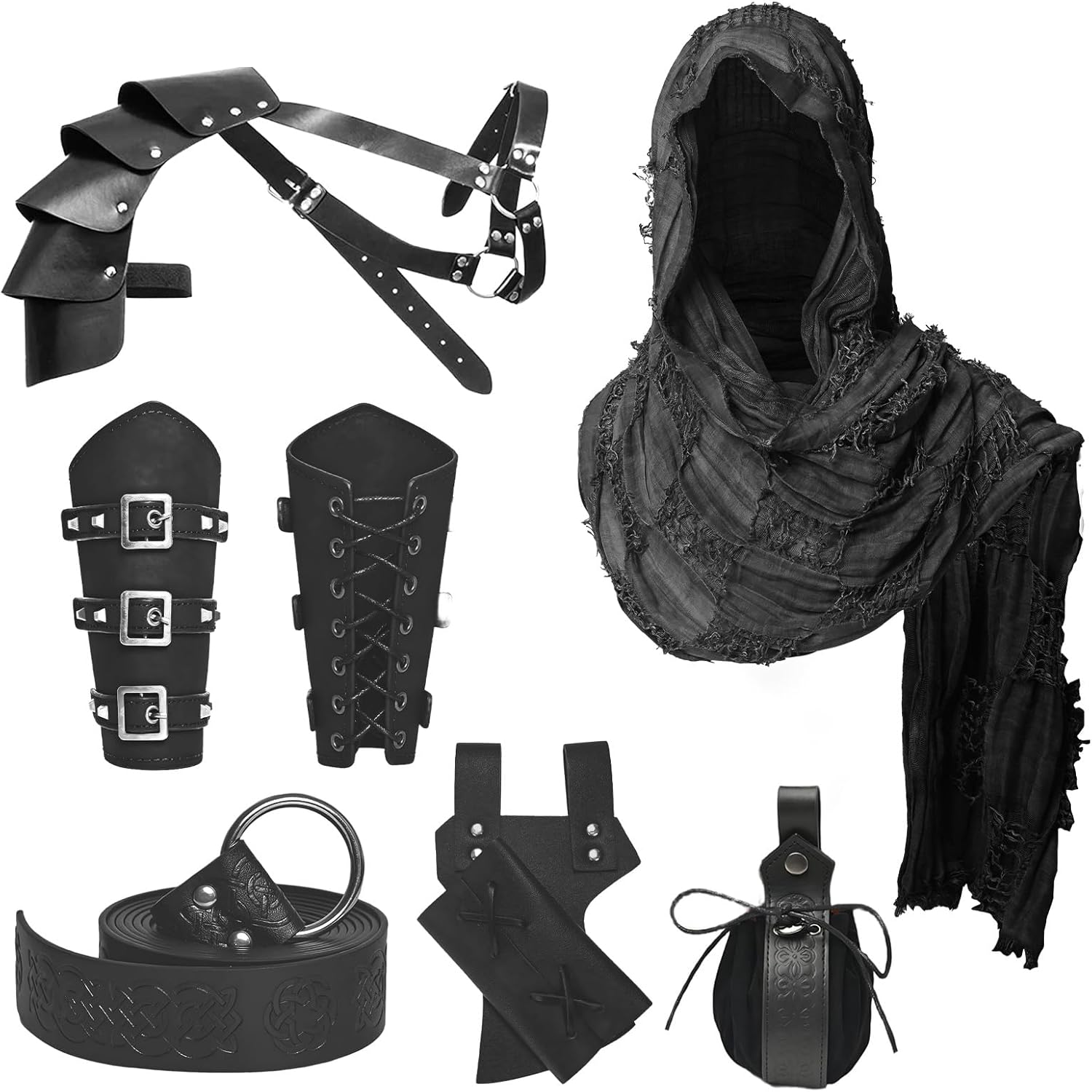 Image of 6pcs Medieval Knight Accessories, Renaissance Viking Beggar's Scarf Single Shoulder Guard Sword Sheath Waist Bag