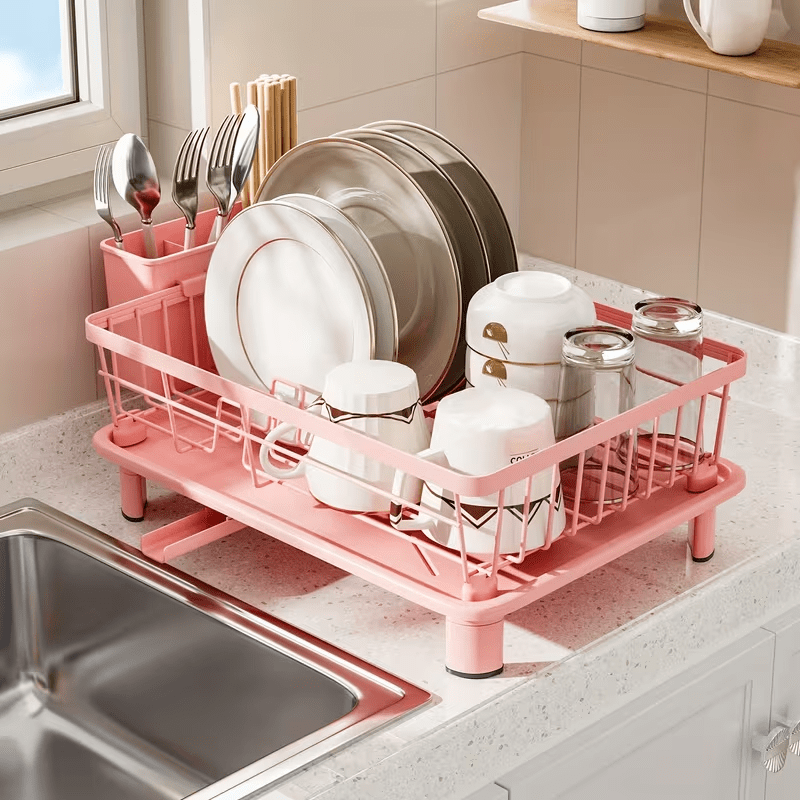 TEMU 1pc Space-saving Dish Drying Rack With Drain Tray And Utensil Holder - Multifunctional Kitchen Organizer For Bowls, Plates, Cups And Utensils,