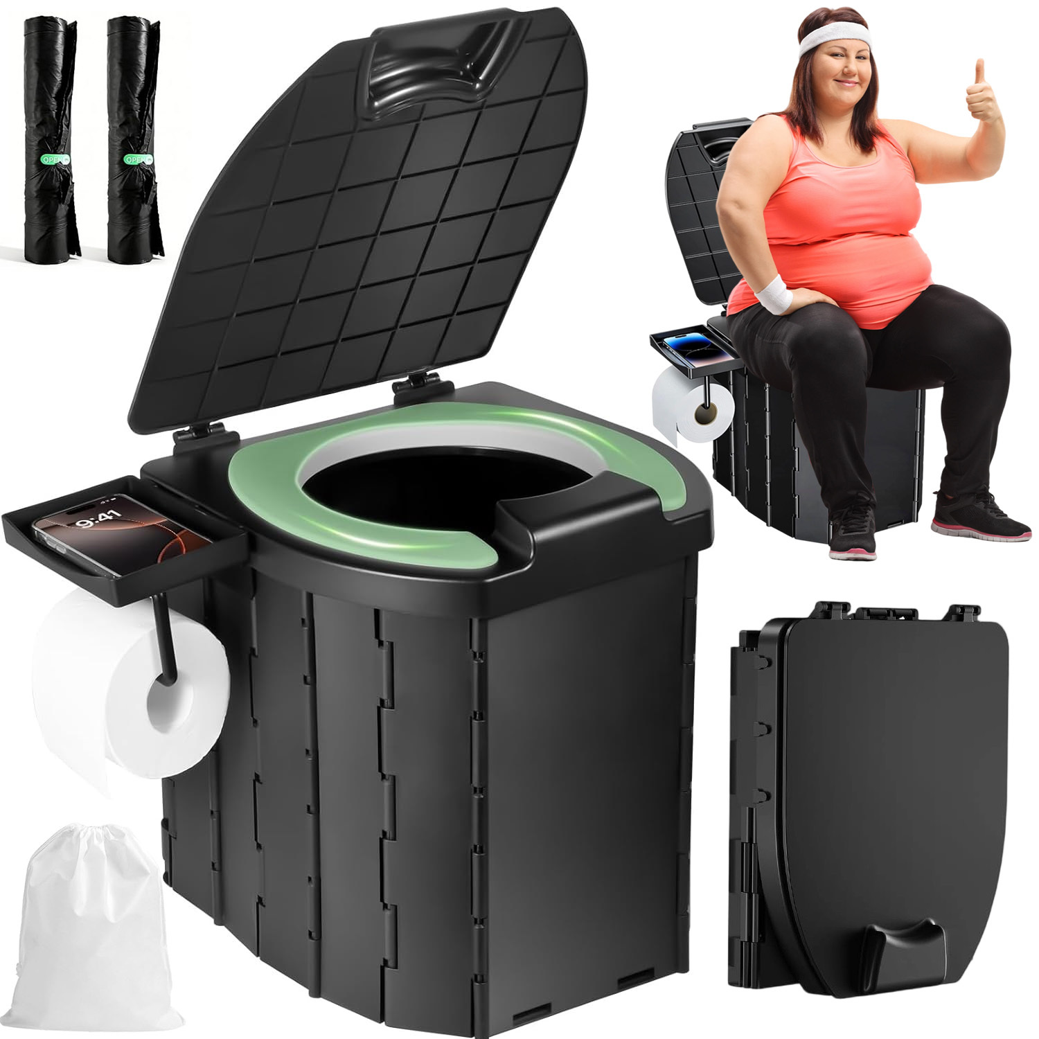 Image of 5l Folding Toilet, 204kg Load Capacity With Integrated Splash Guard For Camping Fishing Travel