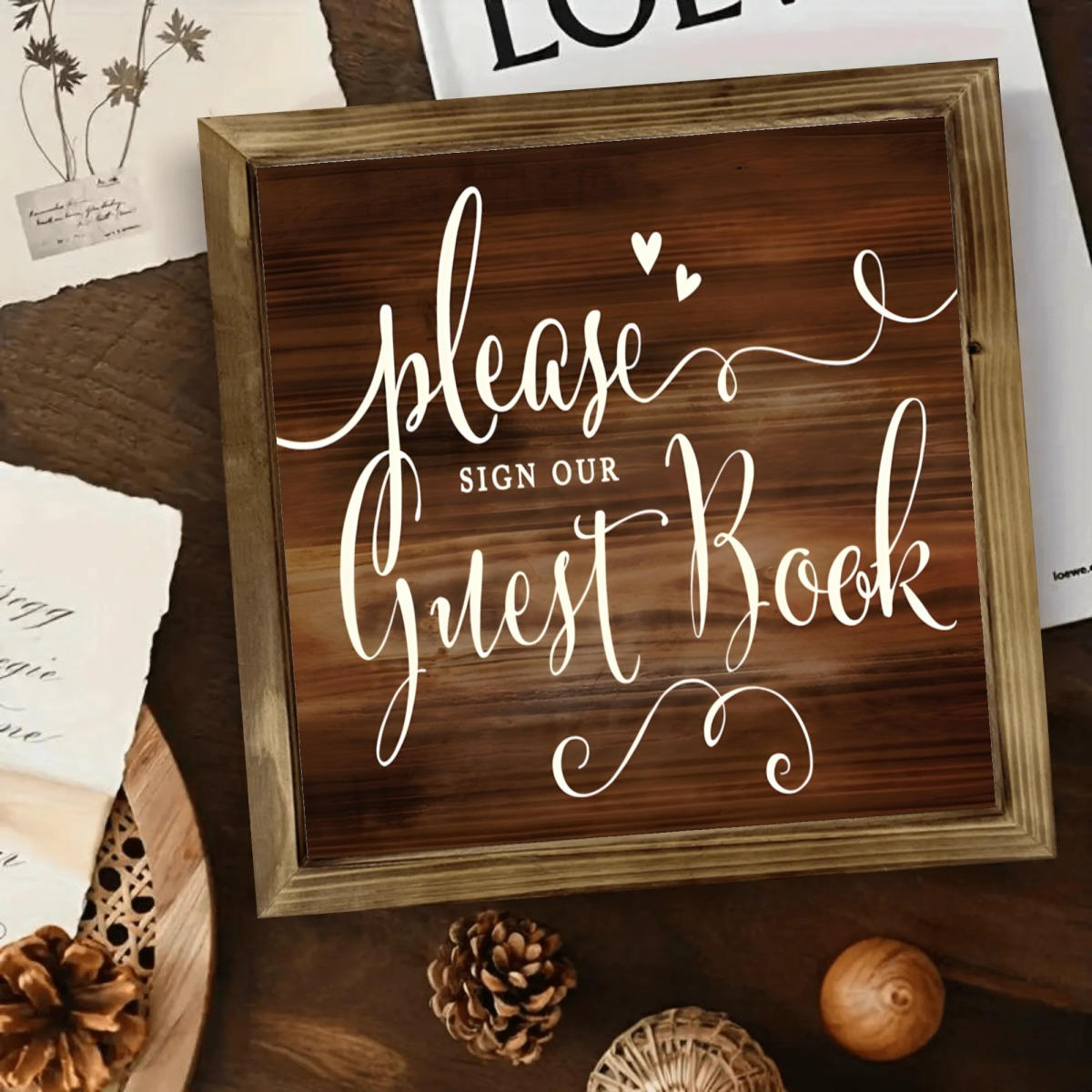 TEMU Our Guest Book Vintage Wooden Sign - Rustic Wedding & Bridal Shower Guest Book, Natural With Cursive Lettering & Heart Decor, Wall-mounted
