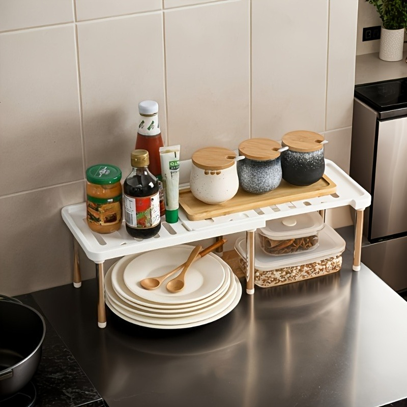 TEMU Retractable Kitchen Cabinet Storage Rack, Adjustable Table Top Storage Rack With Metal Legs, Built-in Partition Of Retractable Flat Noodles