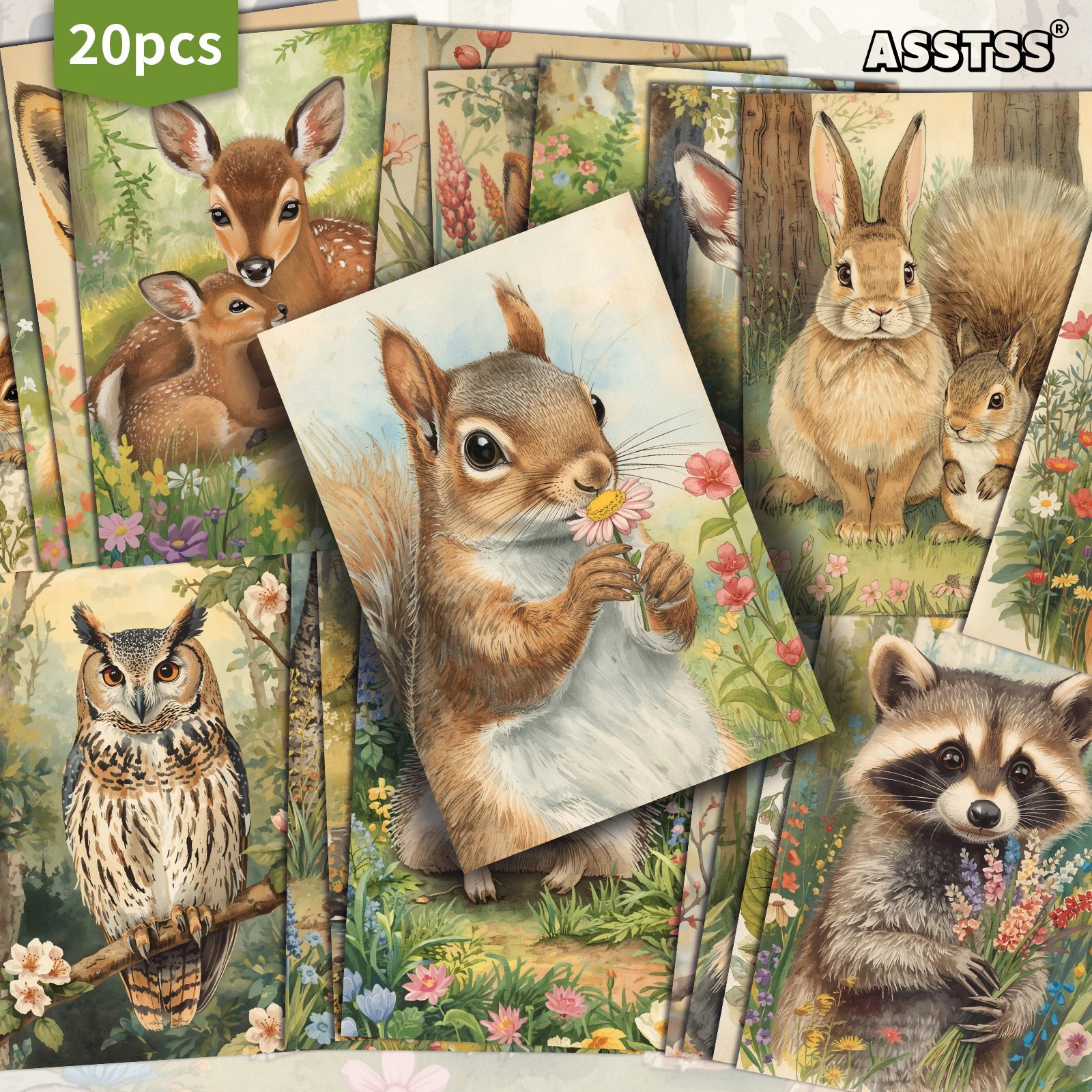 TEMU 20-pack Asstss Forest Animals Squirrel Rabbit Raccoon Postcards - 4x6 Inches Junk Journal Paper, Classic Pinup Illustrations, Collectible