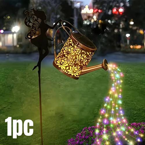 1 pack 2 solar watering kettle lights metal flower fairy garden decorative lights outdoor courtyard automatic on off lights with flower decorations courtyard entrance atmosphere lighting durable structure