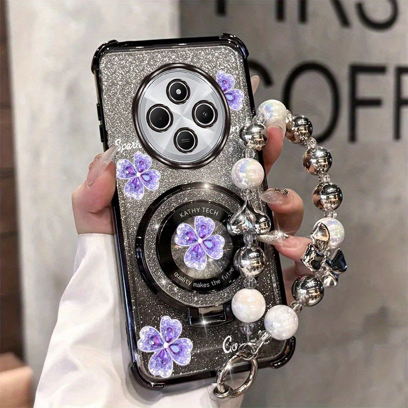 TEMU Glittering Diamond Purple Clover Phone Case With Wrist Strap, Designed For Xiaomi Redmi 14c 4g, Featuring And Stand