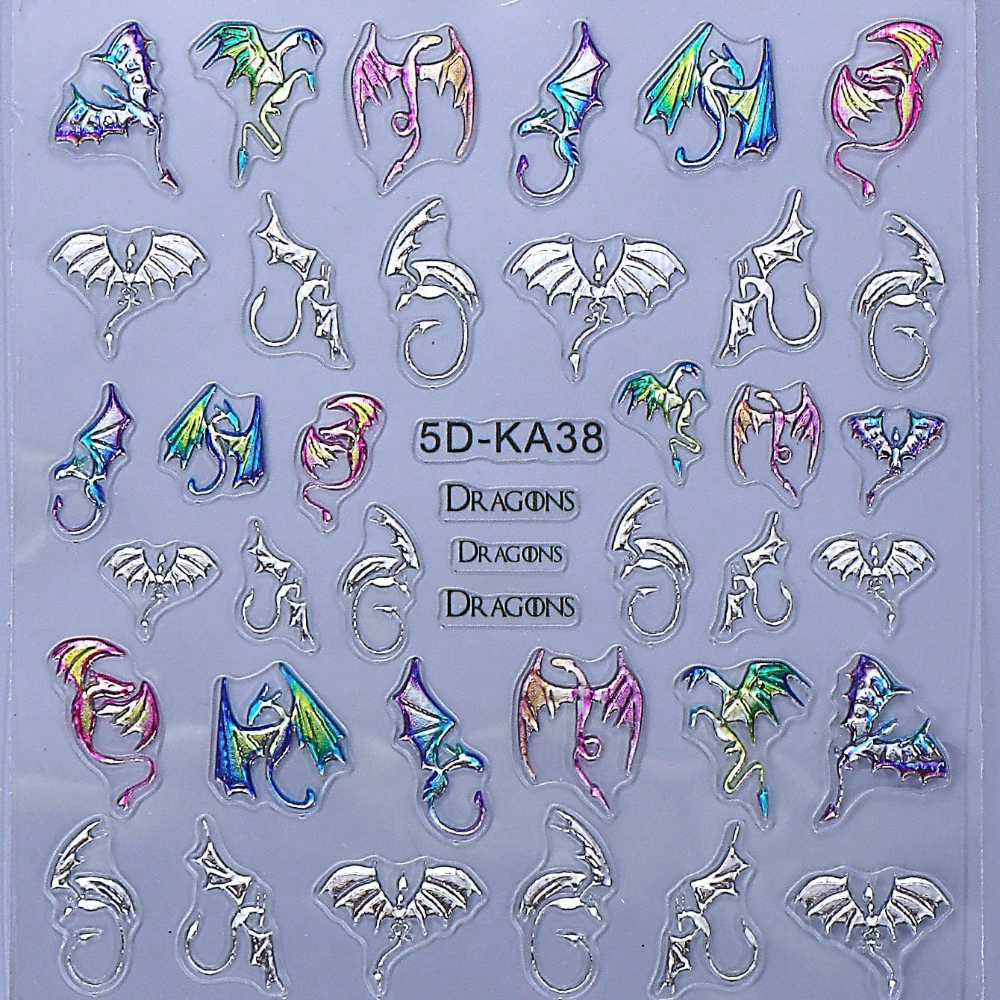 Image of 1pc Y2k Gothic Style Colorful Glossy Western Dragon Nail Decals | Self-adhesive, Pet Material, Single Use, Cartoon Animal Theme, Art Decorations