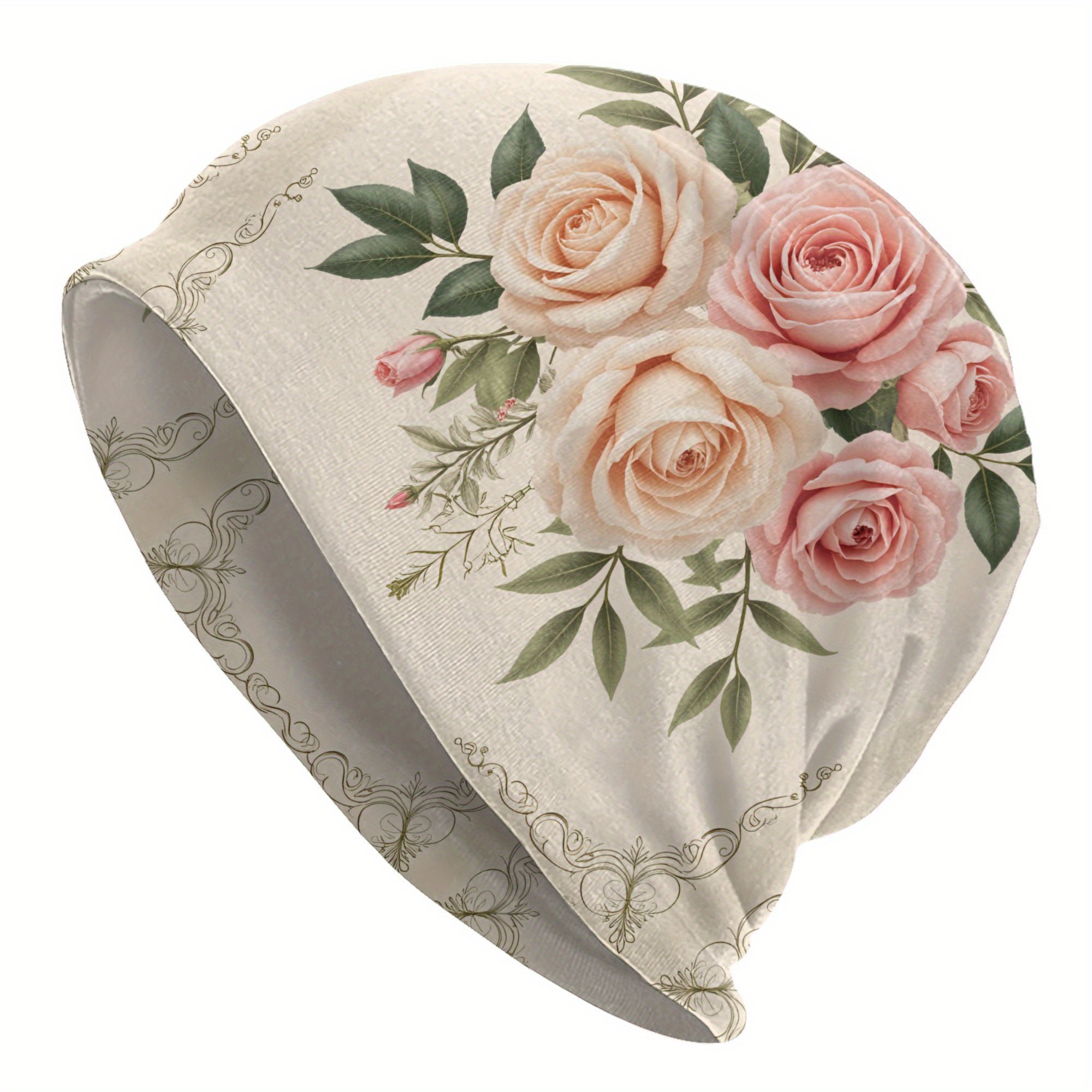TEMU Men's & Women's Vintage Bonnet Hat With Pink/beige Roses & Green Foliage - Spring/autumn Warm Cap, Retro Unisex Beanie For Casual & Special