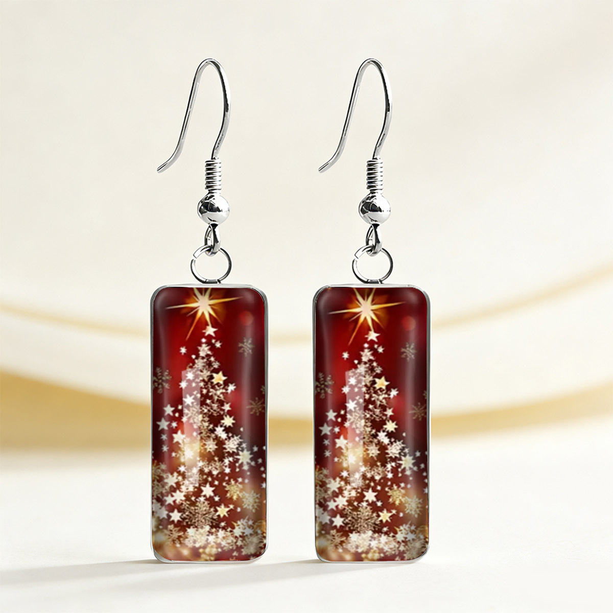 TEMU 1 Pair Of Warm Red Background Tree Print Rectangular Earrings, Long Drop Earrings For Christmas Holiday Atmosphere