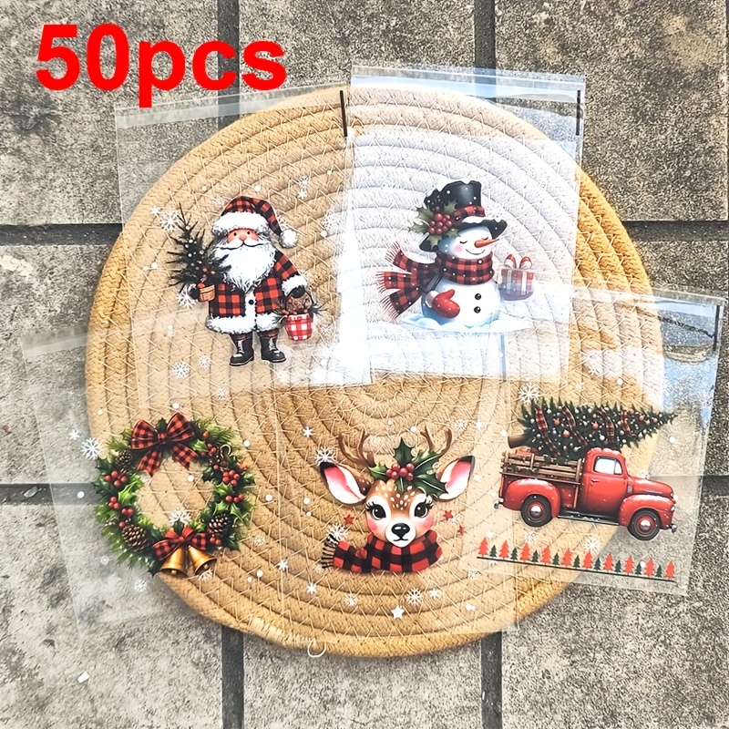 TEMU 50 sacs d'emballage cadeau de Noël, sacs scellables auto-adhésifs avec de de neige, de Père Noël et de houx - Convient pour les décorations et