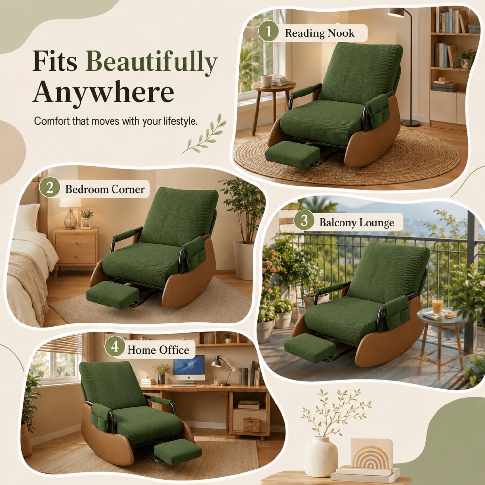 TEMU Foldable Floor Lounge Chair With Pull-out Footrest, Corduroy Upholstered Lazy Chair With Side Pocket, Space- Reading Chair For Living Room,