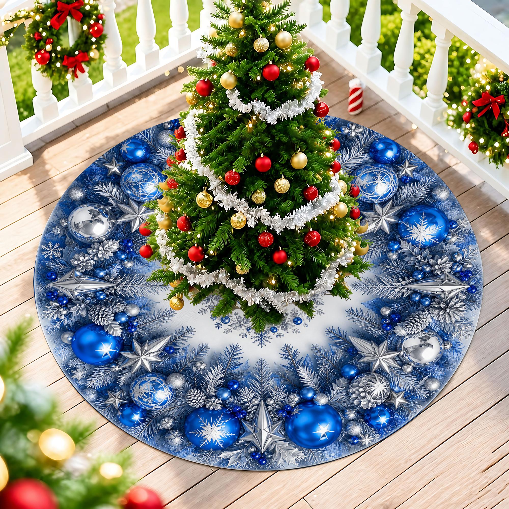 TEMU 1pc Blue - Silver Christmas Tree Skirt Decor, For Decoration, Holiday Decor, Farmhouse?style Christmas Ornaments, Christmas Decorative Gifts.