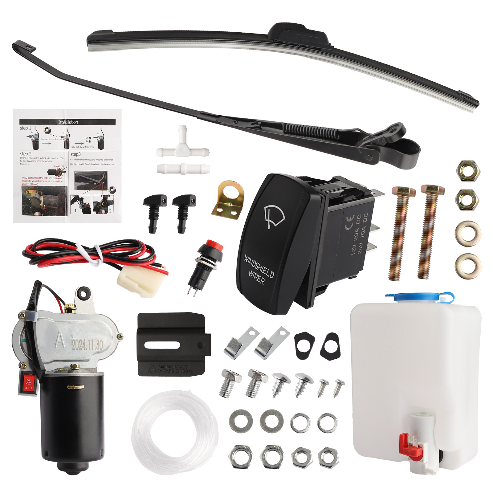 Electric Utv Windshield Wiper Kit With Switch And Washer Pump, 12v Electric Motor, Universal Kit For Rzr 800/900/1000, For Can Am Commander, For Pioneer, For Kawasak