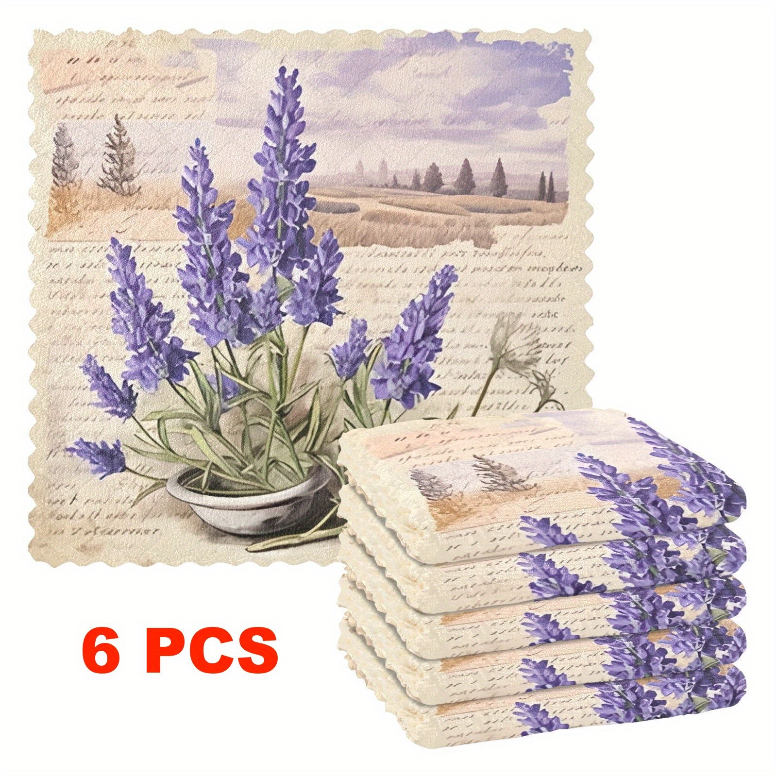 TEMU 3/6/10-pack Lavender Pattern Reusable Kitchen Dish Towels, Microfiber Cleaning Cloths, Highly Absorbent And Easy To Clean Thick Fleece Towel