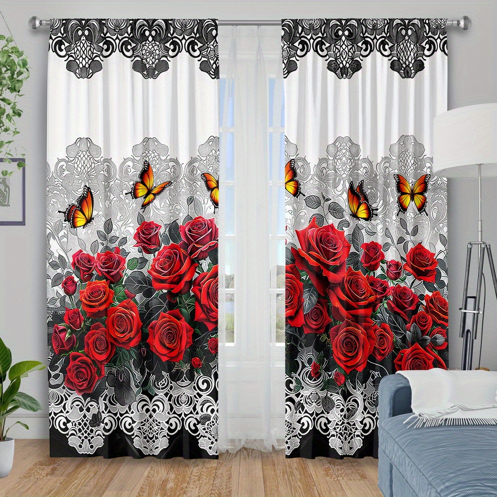 E-shop 2er-Set Vorhangstoffe, Verdunkelungsvorhänge für Schlafzimmer, Isolierende Verdunkelungsvorhänge, Roter Rosenprint, Blumenpflanzen