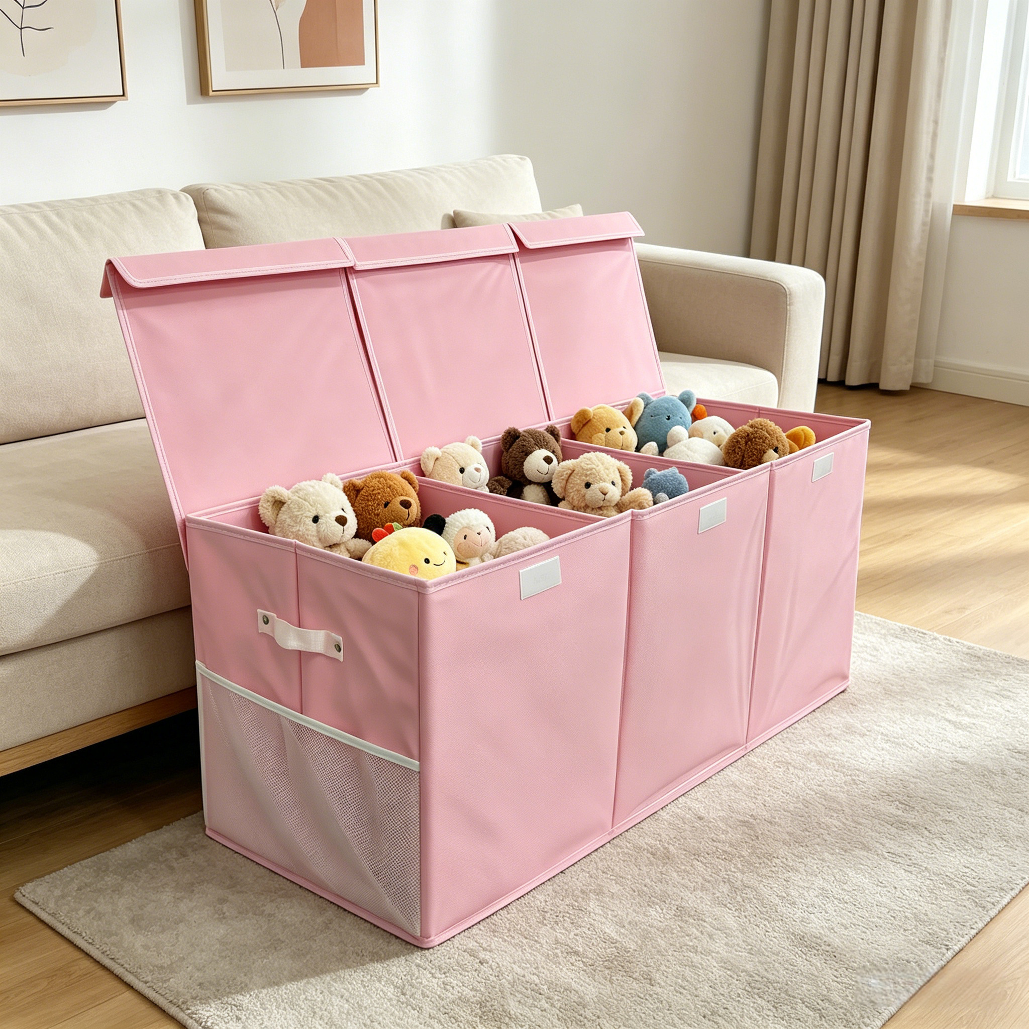 3-Grid Storage Organizer, Extra-Large Foldable Sturdy Basket with Mesh Pockets, 40 Inches Size, Pink Purple Grey Kids Container, Holiday Gift for Multi-Scene